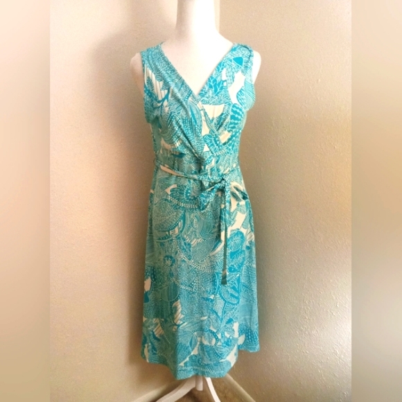 Talbots Tropical Surplice Belted Jersey Dress | S - Picture 2 of 7